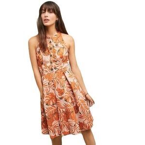NEW Eva Franco Anthropologie Womens XL Orange Palm Halter Fit & Flare Mini Dress